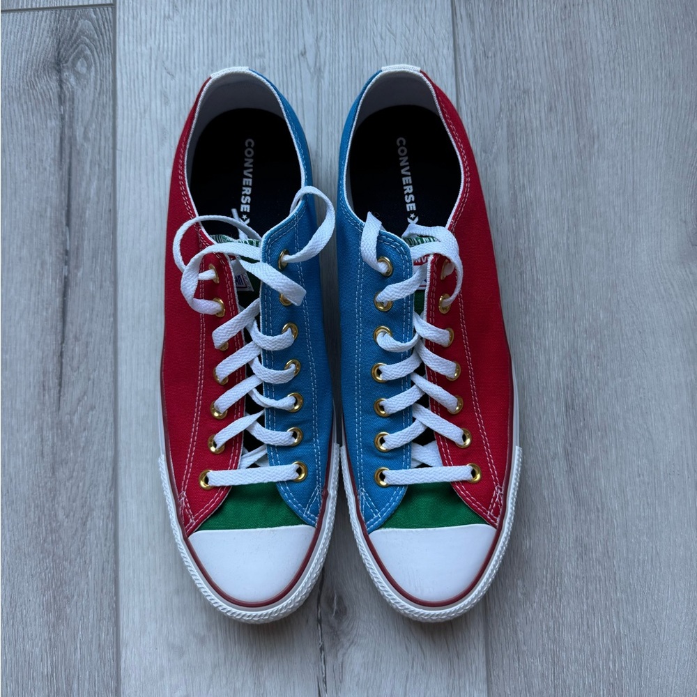 Converse Red, Blue, Green, and White Sneakers
Size 11.5